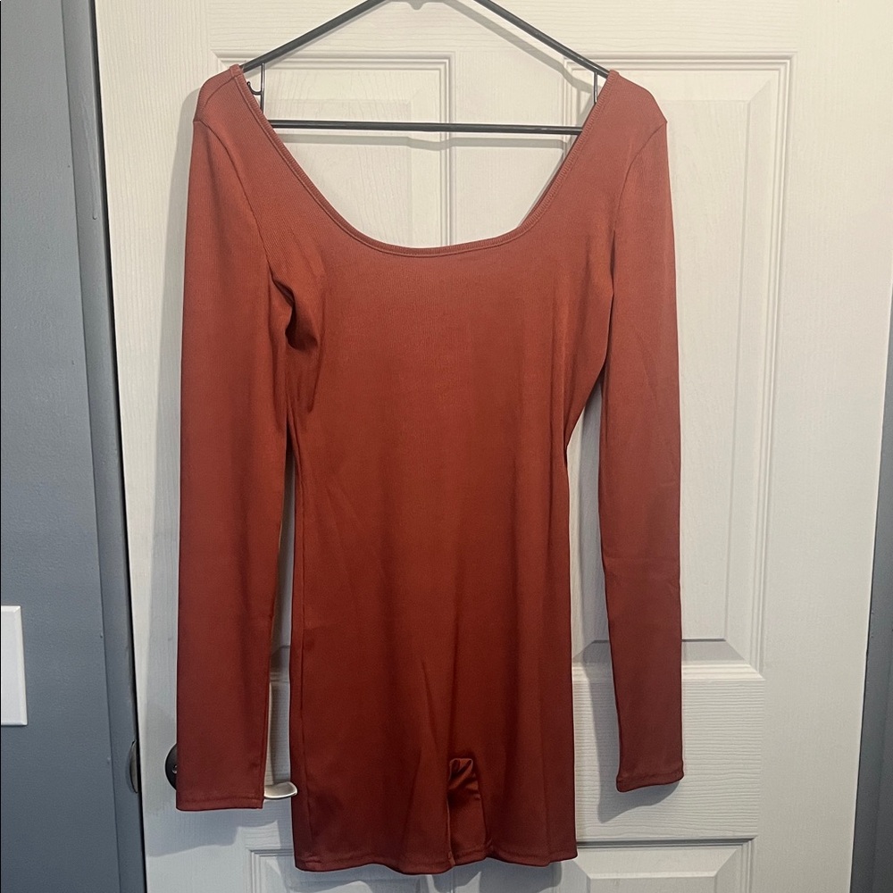 Women's Long Sleeve Scoop Neck Rust Jumpsuit